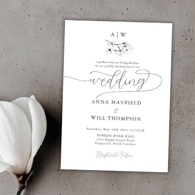 Elegant Modern Calligraphy Magnolia Crest Wedding Invitation (Classic Magnolia Wedding Crest Black White Elegant Invitation)