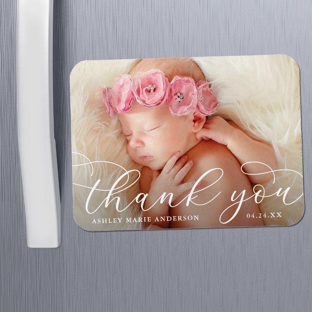 Elegant Modern Calligraphy New Baby Thank You Magnet (Customize to change your personalized text size or text style.)