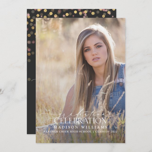 Elegant  Modern Calligraphy Photo Graduation Invitation (Front/Back)