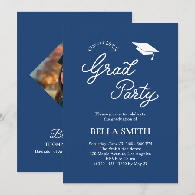 Elegant Modern Calligraphy Photo Graduation Party  Invitation (Front/Back)