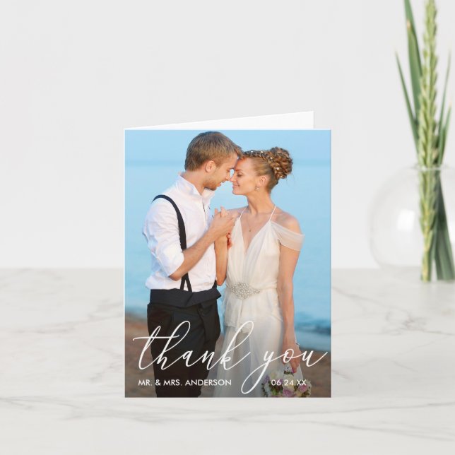 Elegant Modern Calligraphy Photo Wedding Note Thank You Card (Front)
