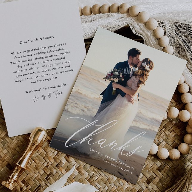 Elegant Modern Calligraphy Script Wedding Photo Thank You Card (Creator Uploaded)
