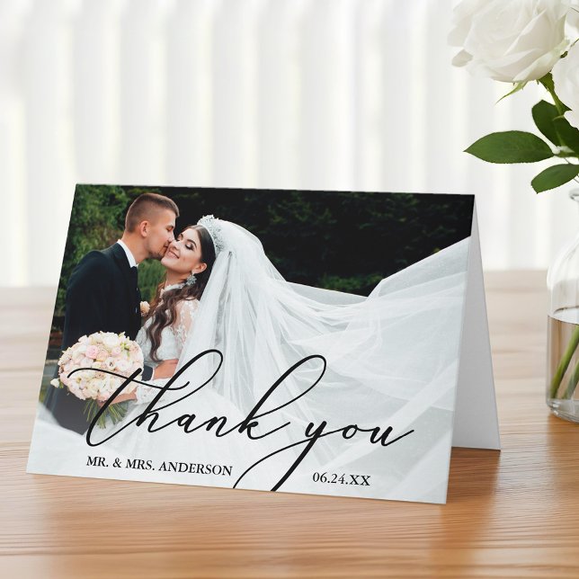 Elegant Modern Calligraphy Wedding Folded Thank You Card (Customize to add text to inside of card.)