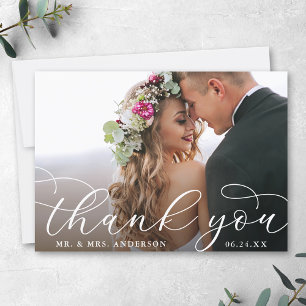 Elegant Modern Calligraphy Wedding Photo Thank You Card