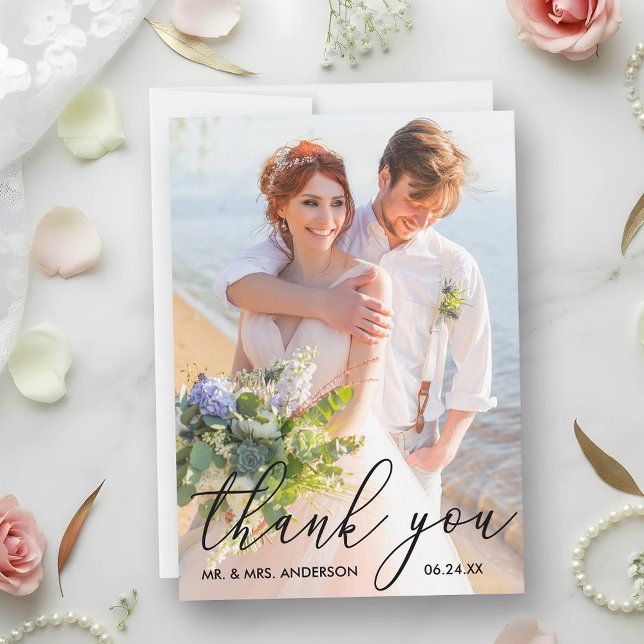 Elegant Modern Calligraphy Wedding Photo Thank You Card (Customize to add text or more photos to back of card.)