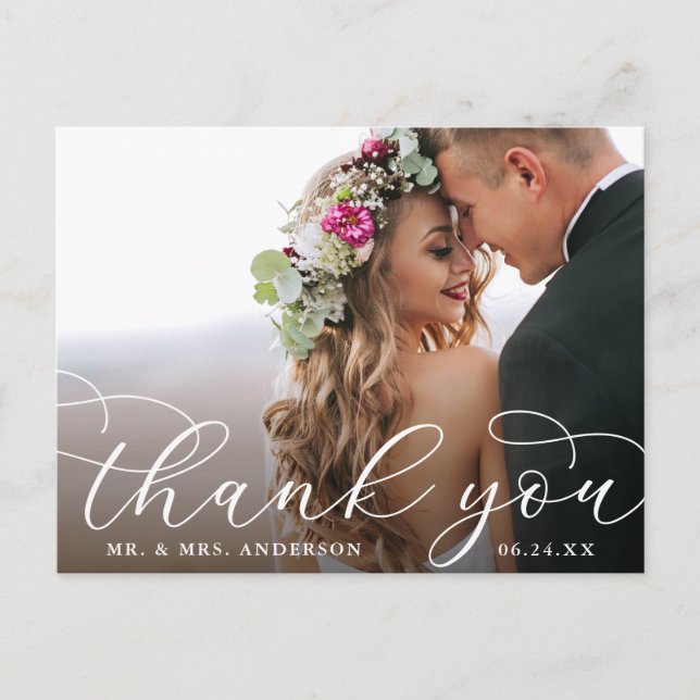 Elegant Modern Calligraphy Wedding Photo Thank You Postcard (Front)