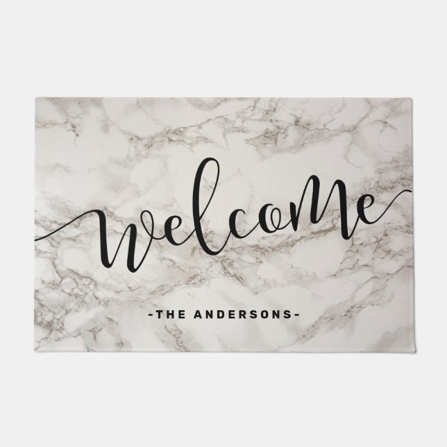 Elegant modern calligraphy white marble welcome doormat (Front)