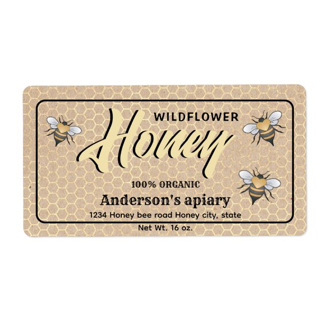 Elegant modern cardboard bees honey jar label (Front)