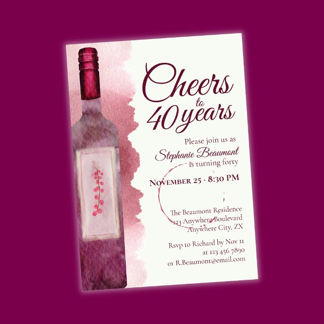 Elegant Modern Cheers Red Wine 40th Birthday Party Invitation (Creator Uploaded)