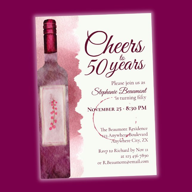 Elegant Modern Cheers Red Wine 50th Birthday Party Invitation (Creator Uploaded)