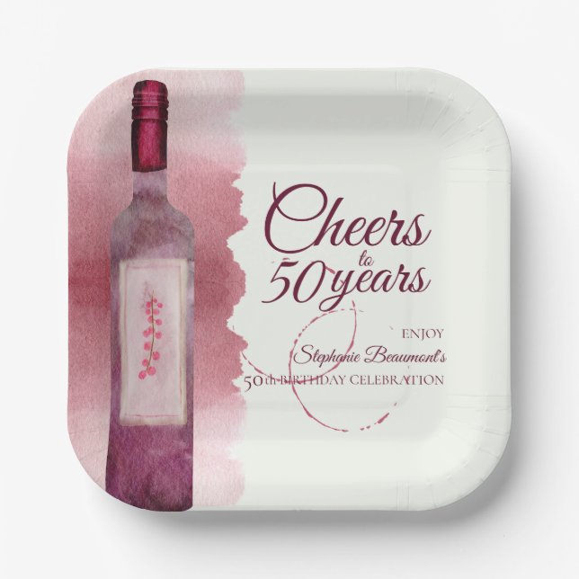 Elegant Modern Cheers Red Wine 50th Birthday Party Paper Plate (Front)