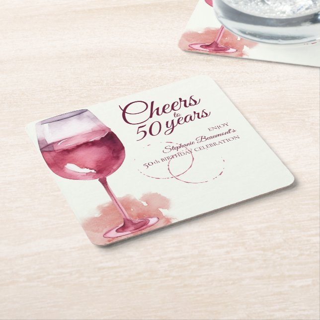 Elegant Modern Cheers Red Wine 50th Birthday Party Square Paper Coaster (Angled)