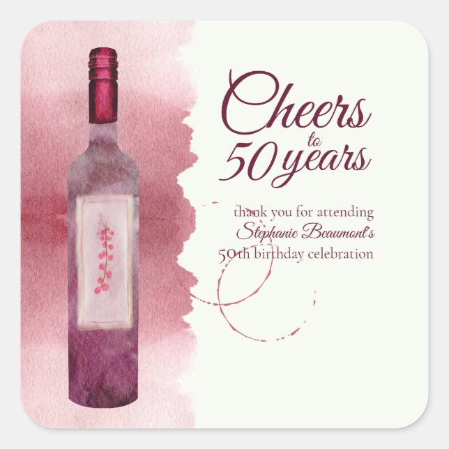 Elegant Modern Cheers Red Wine 50th Birthday Party Square Sticker (Front)