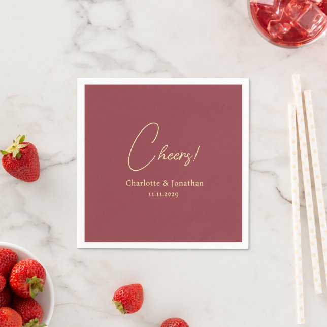 Elegant modern cheers script minimalist wedding napkin (Insitu)