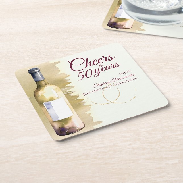 Elegant Modern Cheers White Wine 50th Birthday Square Paper Coaster (Angled)