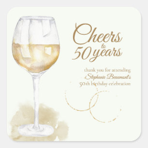 Elegant Modern Cheers White Wine 50th Birthday Square Sticker