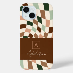 Elegant Modern Chequerboard Personalised Monogram iPhone 15 Case
