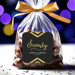Elegant Modern Chevron Geometric 70th Birthday Square Sticker<br><div class="desc">This elegant square birthday party sticker features a modern geometric chevron and the word "Seventy" in faux gold against a black background. It's great for a 70th birthday celebration. Check out matching invitations and items here http://www.zazzle.com/collections/modern_faux_gold_chevron_celebration_collection-119531050277382712?rf=238364477188679314 Personalise it with your details by replacing the placeholder text. For more options click...</div>