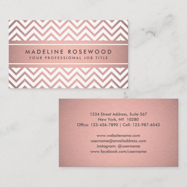 Elegant Modern Chevron Pink Rose Gold Faux Foil Business Card (Front/Back)