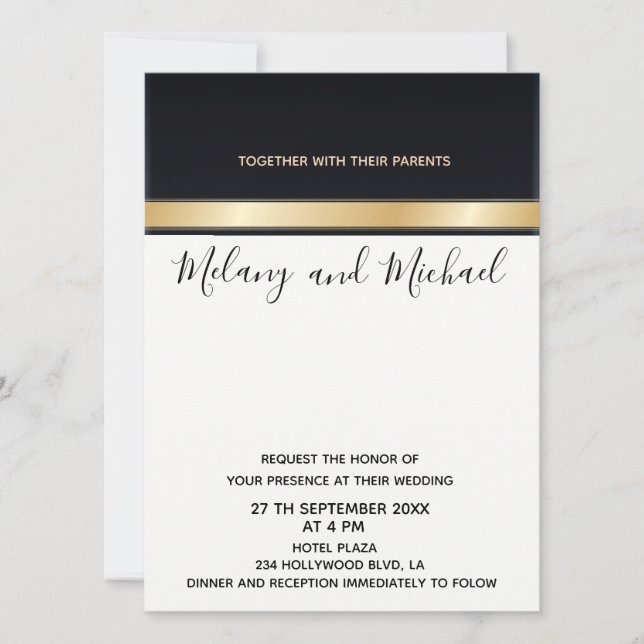 Elegant modern chic black white and gold wedding invitation (Front)