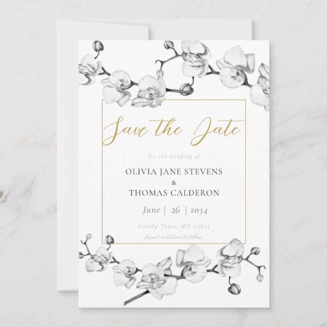 Elegant Modern Chic Black White Gold Save the Date Invitation (Front)