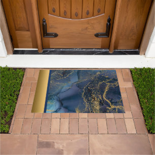 Elegant Modern Chic Blue and Gold Marble Pattern Doormat