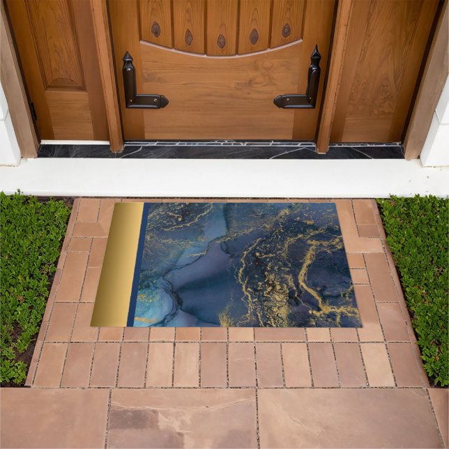 Elegant Modern Chic Blue and Gold Marble Pattern Doormat (Outdoor)