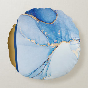 Elegant Modern Chic Blue and Gold Marble Pattern Round Cushion