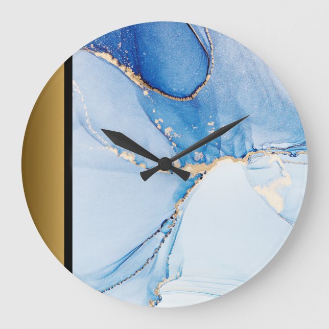 Elegant Modern Chic Blue Gold Marble Pattern  Large Clock (Front)