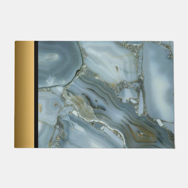 Elegant Modern Chic Blue Grey Gold Marble Pattern Doormat (Front)