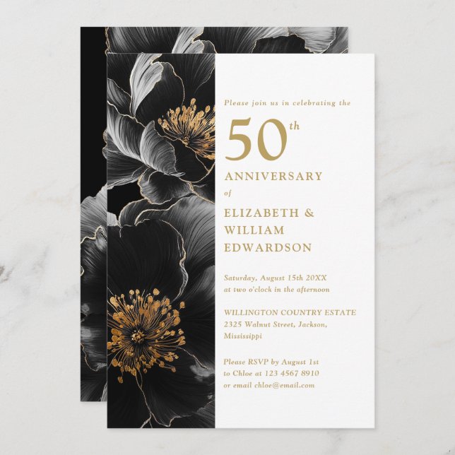 Elegant Modern Chic Floral 50th Anniversary Invitation (Front/Back)