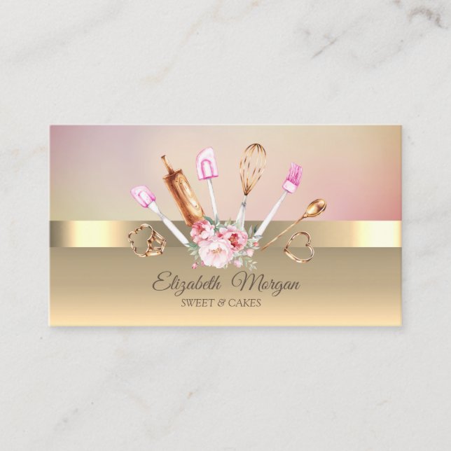 Elegant Modern Chic Gold Floral Bakery Tools Business Card (Front)