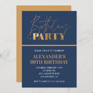  Elegant Modern Chic Gold Navy blue 99th birthday Invitation