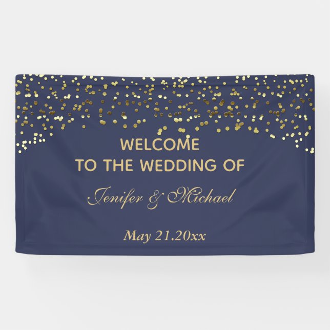 Elegant modern chic navy gold confetti wedding banner (Horizontal)