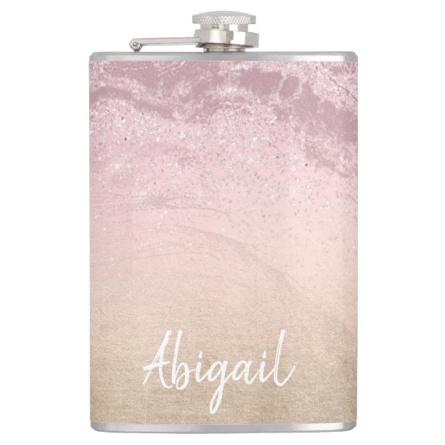 Elegant modern chic ombre rose gold glitter marble hip flask (Front)