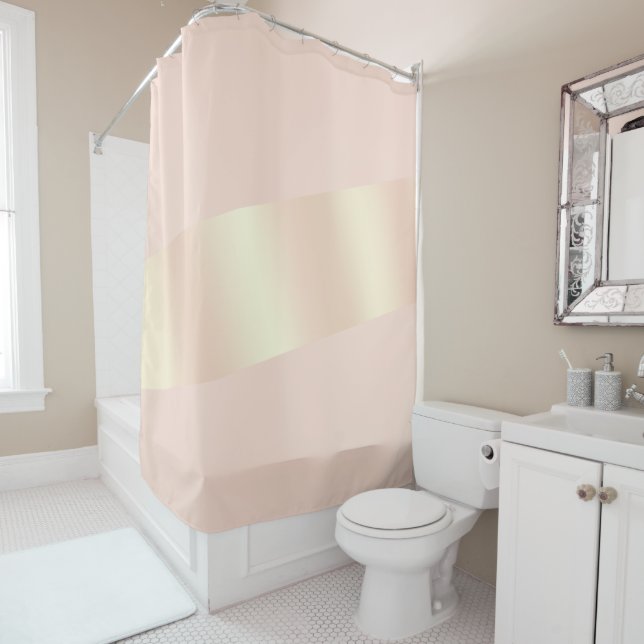 Elegant modern chick blush pink rose gold striped shower curtain (In Situ)