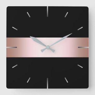 Elegant modern chick rose gold & black strip square wall clock