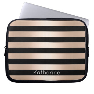 Elegant modern chick rose gold black striped laptop sleeve