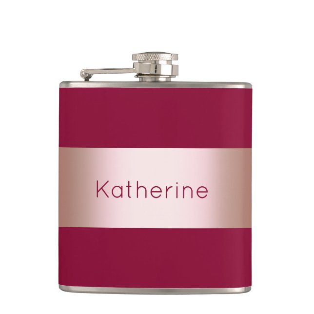 Elegant modern chick rose gold & burgundy strip hip flask (Front)