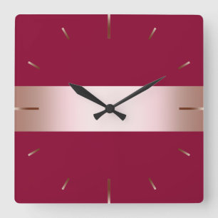 Elegant modern chick rose gold & burgundy strip square wall clock