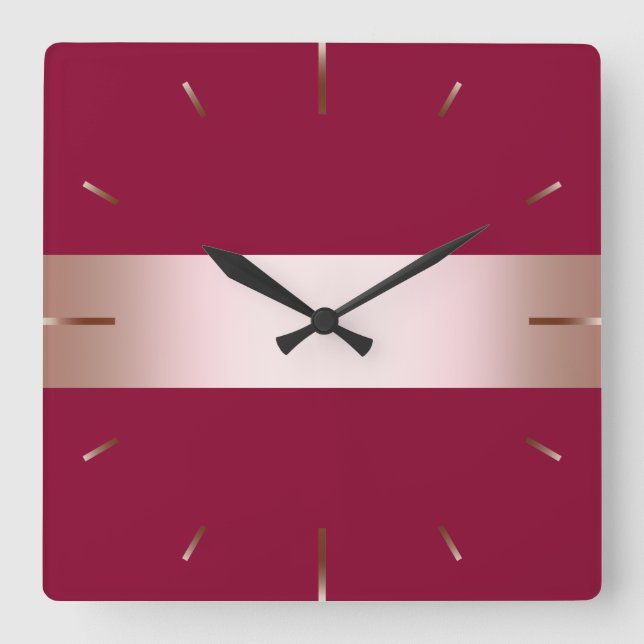 Elegant modern chick rose gold & burgundy strip square wall clock (Front)