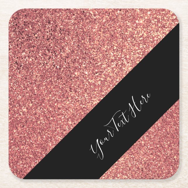Elegant modern chick rose gold glitter black square paper coaster (Front)