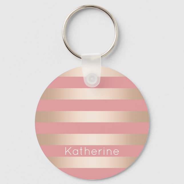 Elegant modern chick rose gold pink striped key ring (Front)