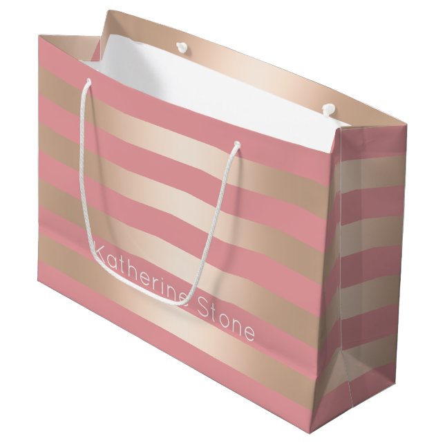 Elegant modern chick rose gold pink striped large gift bag (Front Angled)