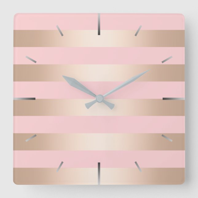 Elegant modern chick rose gold pink striped square wall clock (Front)