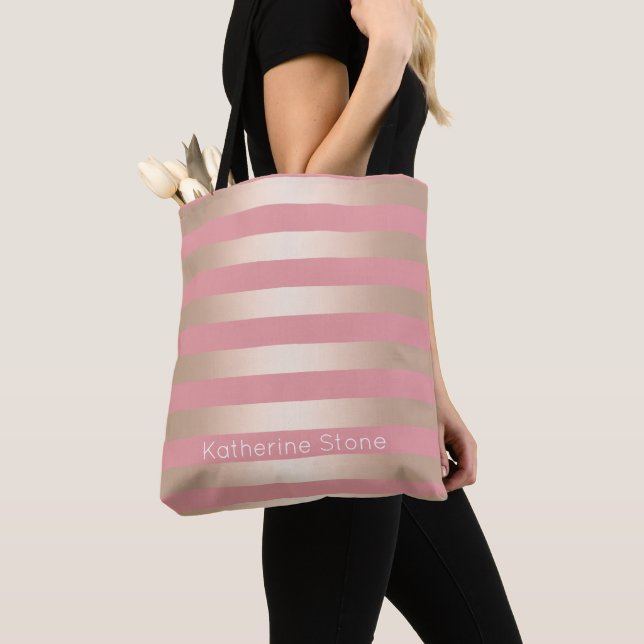 Elegant modern chick rose gold pink striped tote bag (Close Up)