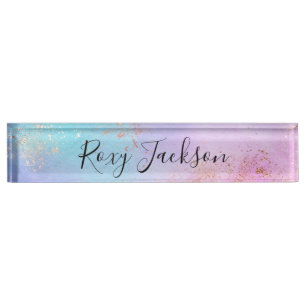 Elegant modern chick rose gold watercolor colorful nameplate