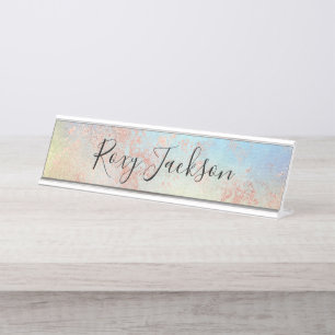 Elegant modern chick rose gold watercolor colourfu desk name plate