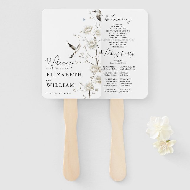 Elegant Modern Chinoiserie Floral Wedding Program Hand Fan (Front and Back)