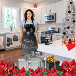 Elegant Modern Christmas Black and Silver Medium Apron